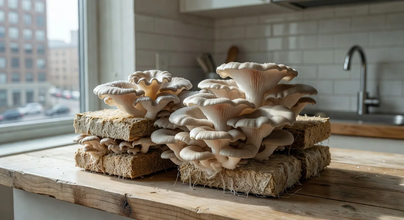 Indoor mushroom growing kit on a kitchen counter