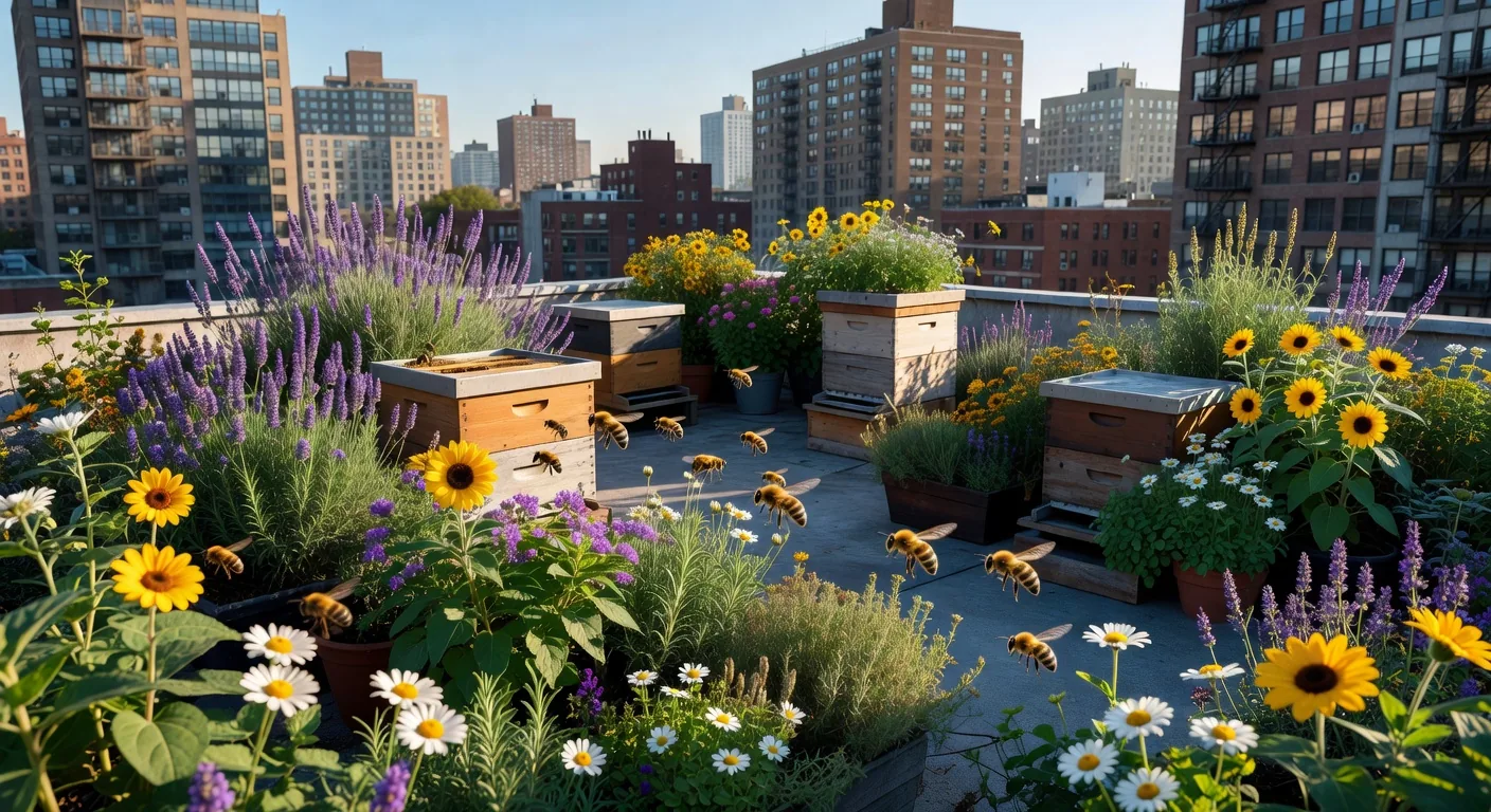 Urban beekeeping on a rooftop near a vertical garden